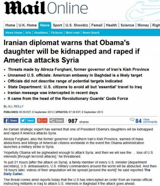 انعکاس جهانی یک تهدید : تهدید به "تجاوز به دختر اوباما" توسط بخشدار سابق کیش در صورت حمله به سوریه!