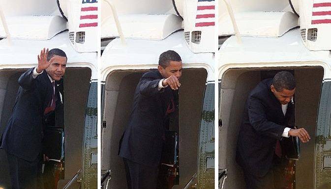 سر اوباما به هلی‌کوپتر خورد!/عکس