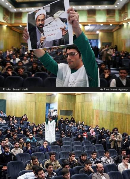 پلاکارد دانشجوی کفن پوش سبز در جلسه سخنرانی حمید رسایی (تصاویر)