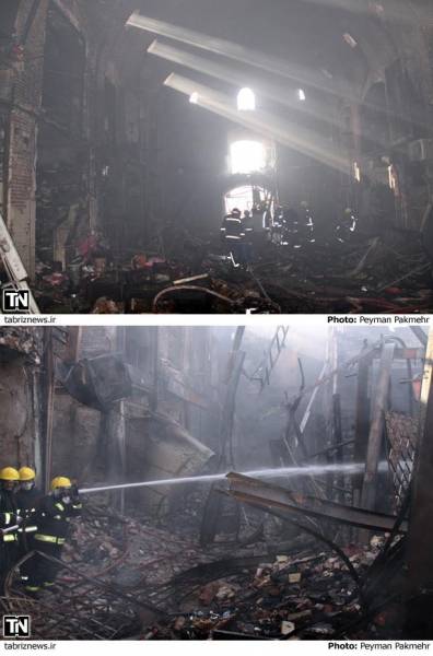 عکس : در آتش سوزی روز چهارشنبه بازار 'ایکی قاپیلار' تبریز حداقل 100 مغازه سوخت