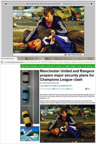 عکس / فارس و کیهان (دو رسانه بغایت ارزشی) عکس درگیری مسابقات فوتبال در انگلیس را به عنوان &quot;سرکوب تظاهرات مردم در انگلیس&quot; منتشر کردند!