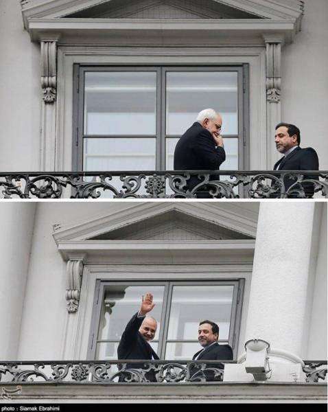 ظریف و عراقچی در بالکن هتل کوبرگ محل انجام گفتگوهای هسته‌ای
