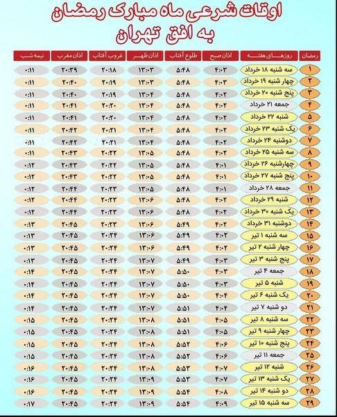 جدول کامل اوقات شرعی ماه مبارک رمضان
