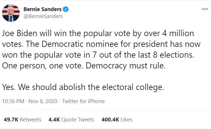  برنی سندرز: یک نفر یک رای، کالج الکتورال باید لغو شود 