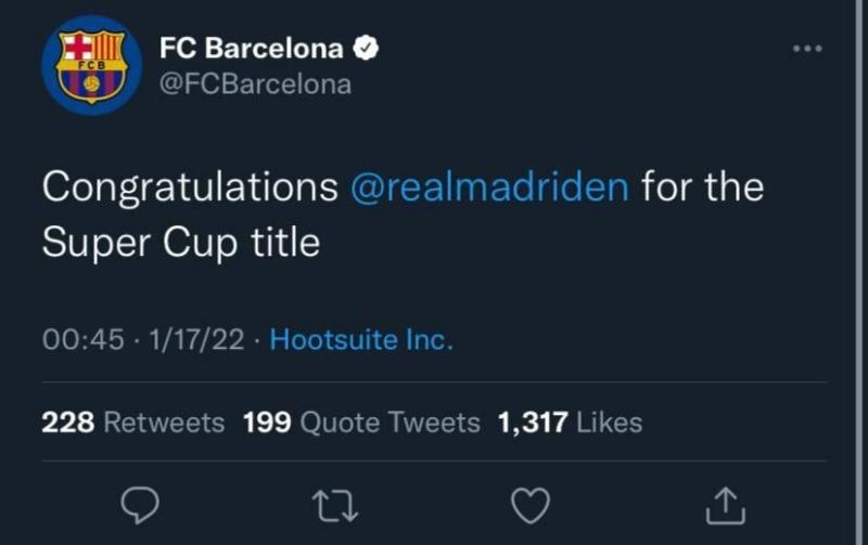 تبریک بارسلونا به رئال مادرید بابت قهرمانی در سوپرکاپ